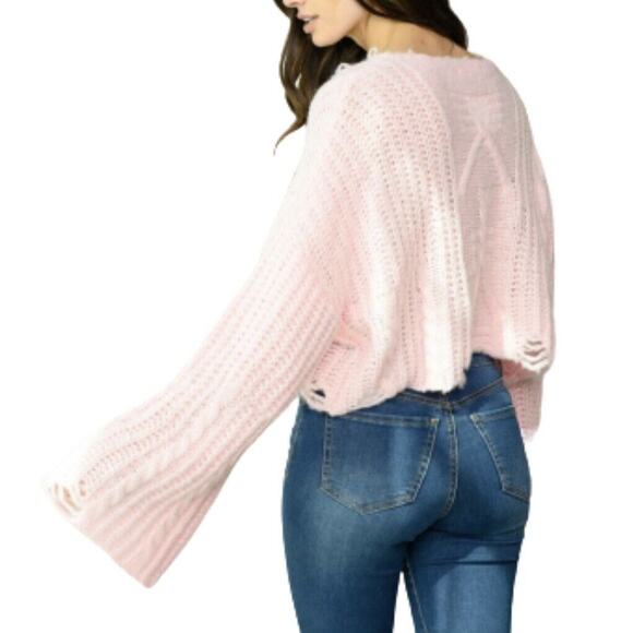 Cloud Ten Pink Oversized Distressed Long Bell Sleeves Knit Sweater NWT Size S - Picture 3 of 9